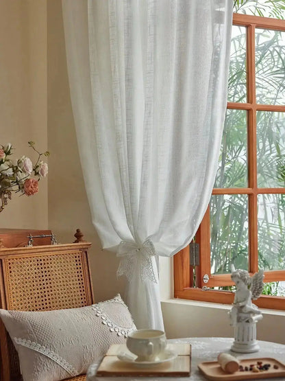 American Pastoral Tie-Top Sheer Curtains – Natural Linen-Textured Translucent Drapes | CD1018