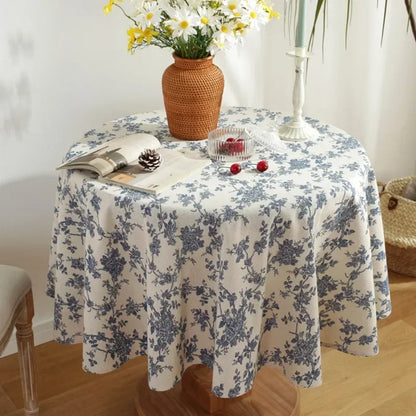Vintage Floral Cotton Linen Round Tablecloth with Tassels – Washable Rustic Farmhouse Table Cover | CT1002