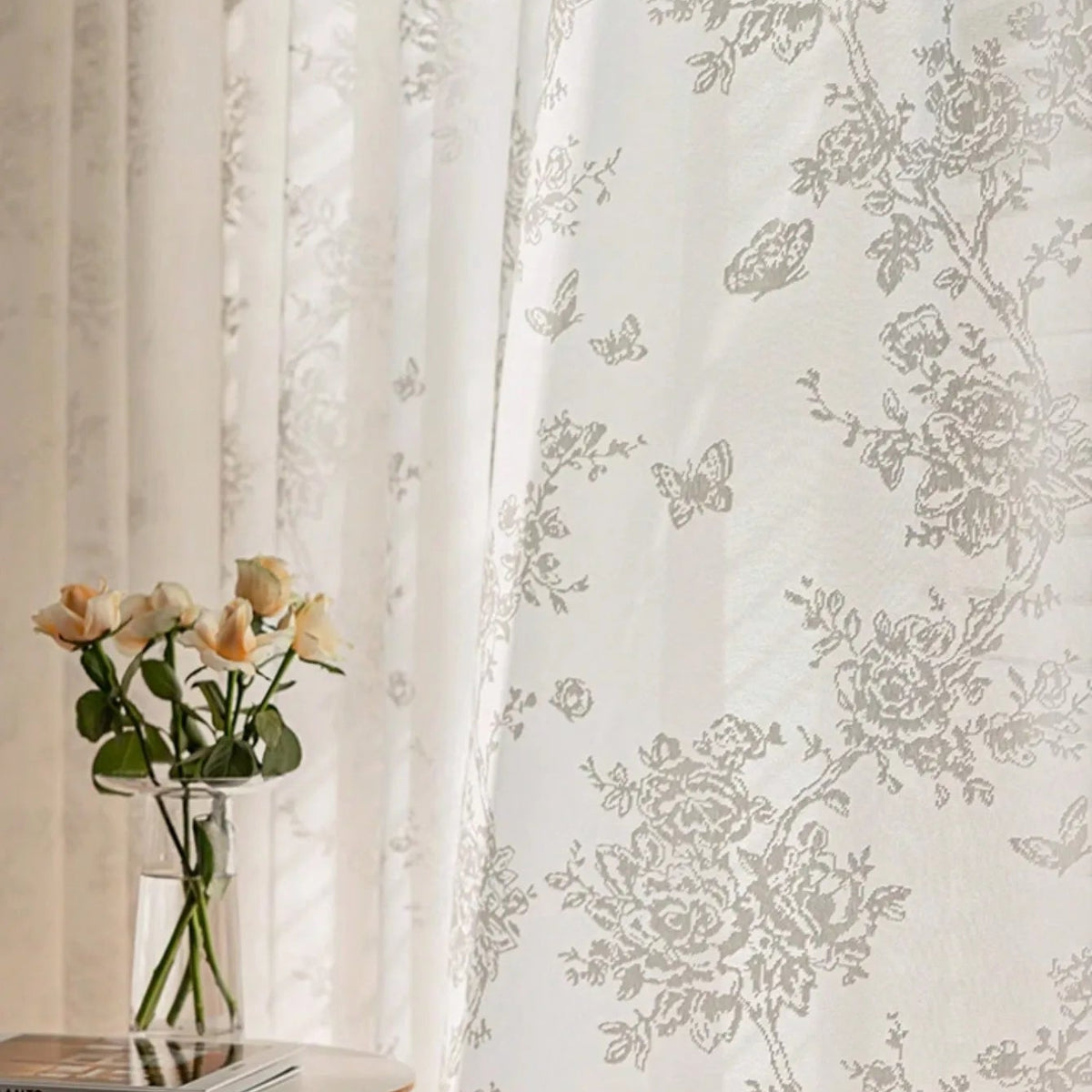 French Romantic Rose Butterfly Flower Semi Sheer Curtains | CD1032