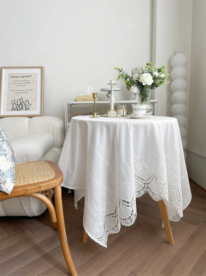 Luxury French Floral Embroidered White Cotton Tablecloth – Handmade Lace Rectangular Cover for Weddings & Dining |