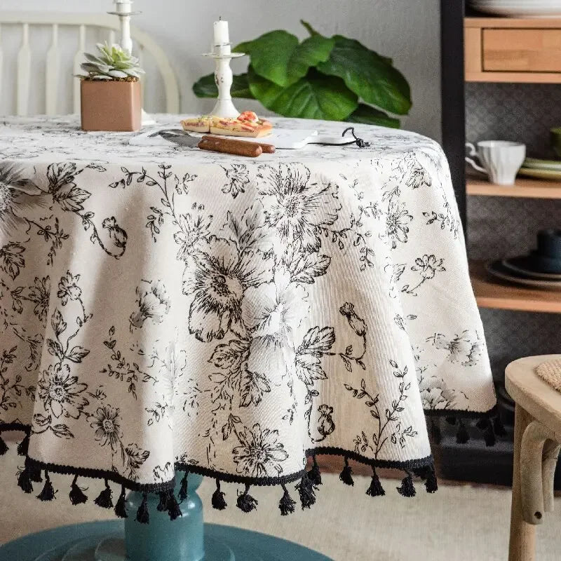 Vintage Floral Cotton Linen Round Tablecloth with Tassels – Washable Rustic Farmhouse Table Cover | CT1002