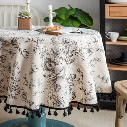 Vintage Floral Cotton Linen Round Tablecloth with Tassels – Washable Rustic Farmhouse Table Cover | CT1002