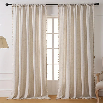 Classic Linen-Blend Rod Pocket Curtain Panels with Tassel Fringe Trim, CD1012