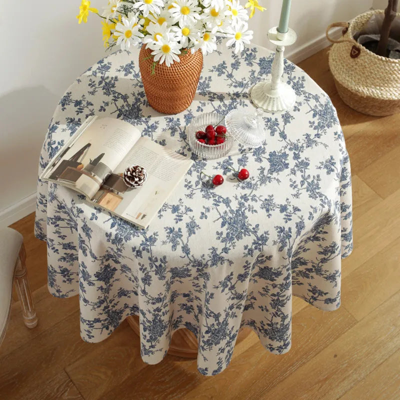 Vintage Floral Cotton Linen Round Tablecloth with Tassels – Washable Rustic Farmhouse Table Cover | CT1002