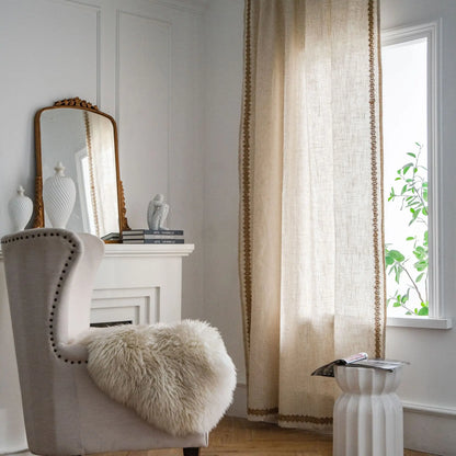 Cream Boho Tassel Window Curtain | 1-Panel Linen-Look Hollow Crochet Drape for Modern Farmhouse & Japandi Living Spaces | CD1021