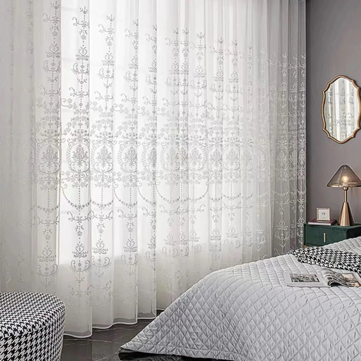 Elegant Single Layer Damask Embroidered Sheer Curtain | CD1034