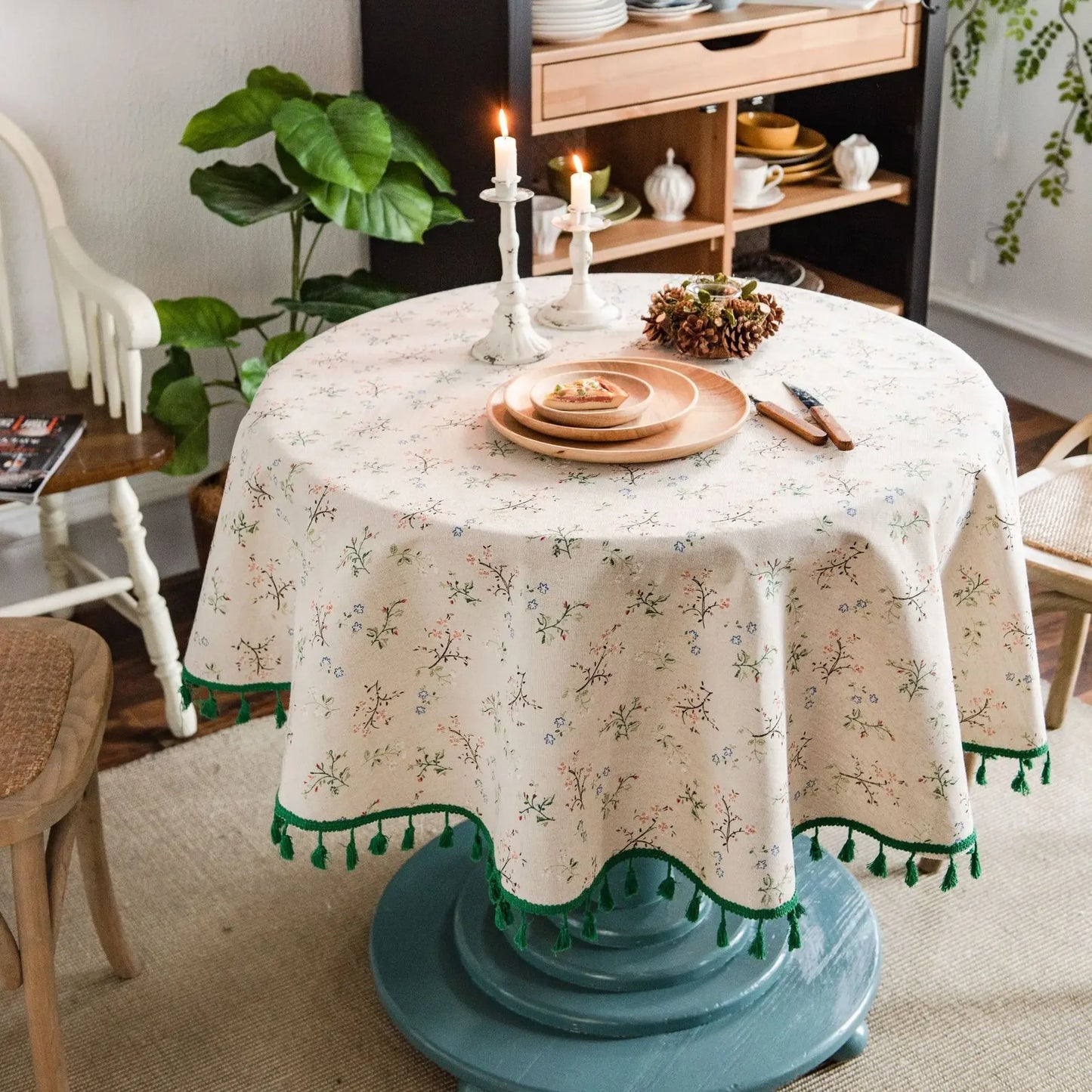 Vintage Floral Cotton Linen Round Tablecloth with Tassels – Washable Rustic Farmhouse Table Cover | CT1002