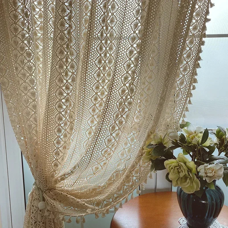 100% Cotton Vintage Boho Crochet Lace Curtain Panel | CD1027