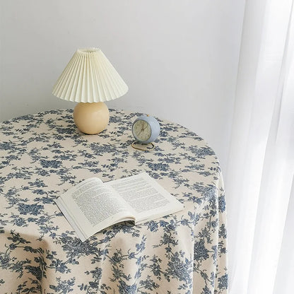 Vintage Floral Cotton Linen Round Tablecloth with Tassels – Washable Rustic Farmhouse Table Cover | CT1002