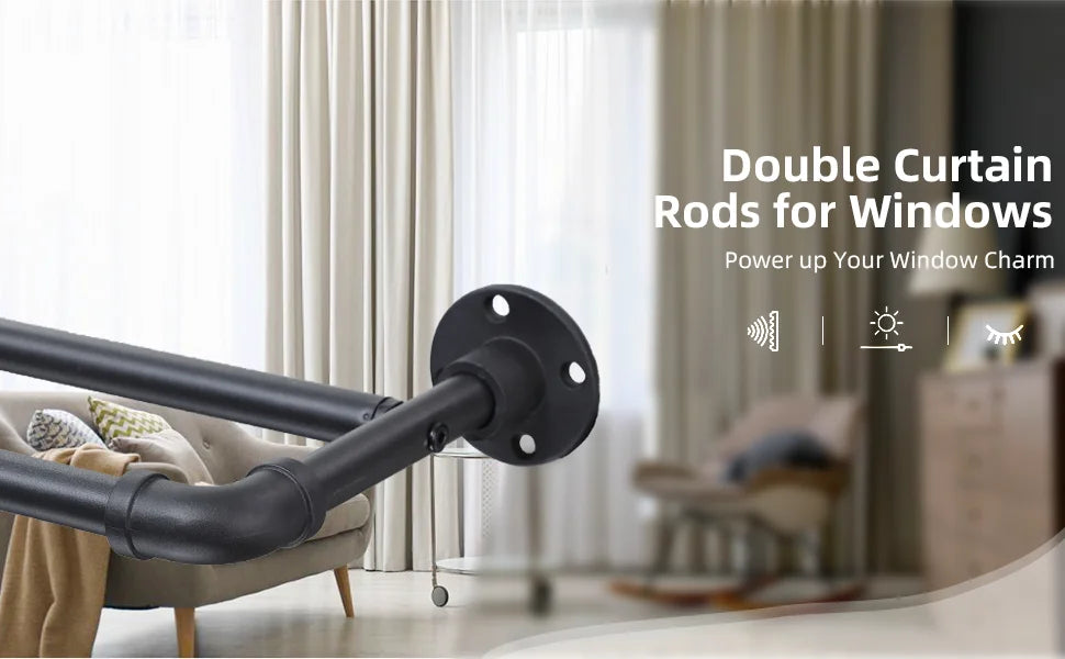 Heavy Duty 1-Inch Industrial Black Double Curtain Rod Set for Windows, Adjustable Telescoping Pipe rod | CH1014