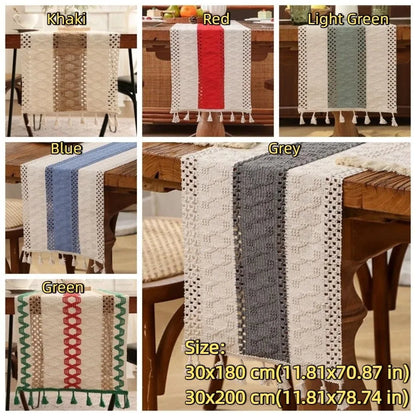 Rustic Knitted Hollow-Out Table Runner with Tassels | CT1007