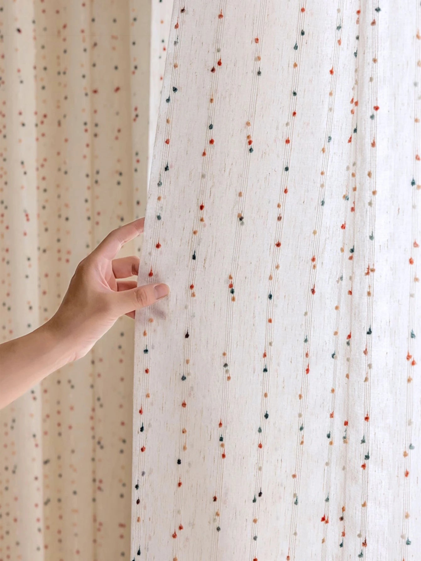 French Country Chic Dotted Rainbow Embroidered Sheer Linen Curtains, CD1007