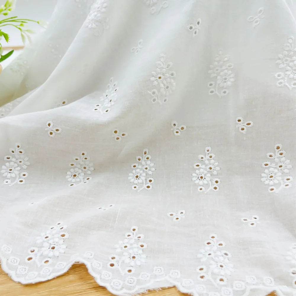 Premium White Floral Embroidery Cotton Fabric, CL1010