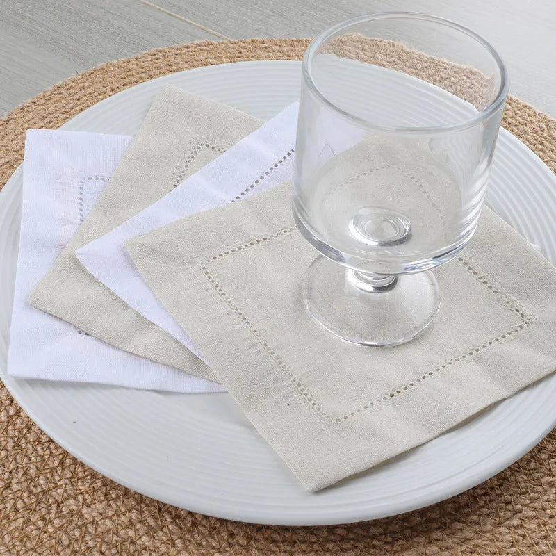 24-Piece Hemstitch Linen Blend Cocktail Napkins | 6x6 Classic White Square Cloths for Weddings, Bar Cart & Minimalist Dining