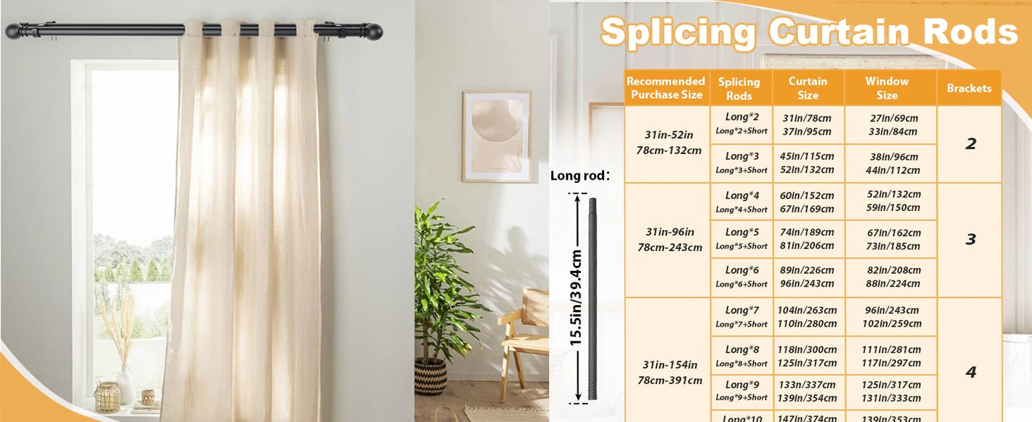 5/8" Black Double Curtain Rod Set – Adjustable Metal Drapery Poles with Brackets for Layered Windows | CH1013