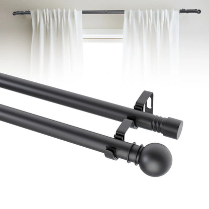 5/8" Black Double Curtain Rod Set – Adjustable Metal Drapery Poles with Brackets for Layered Windows | CH1013