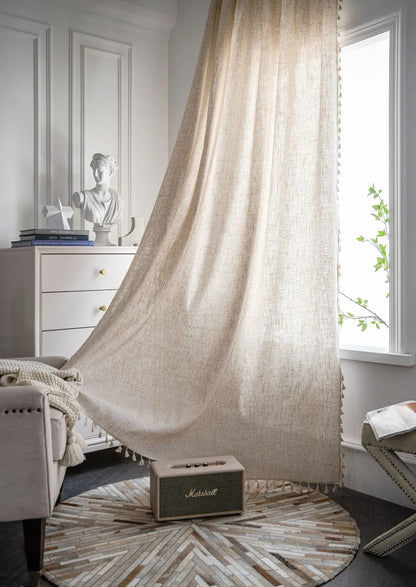 Cream Boho Tassel Window Curtain | 1-Panel Linen-Look Hollow Crochet Drape for Modern Farmhouse & Japandi Living Spaces | CD1021