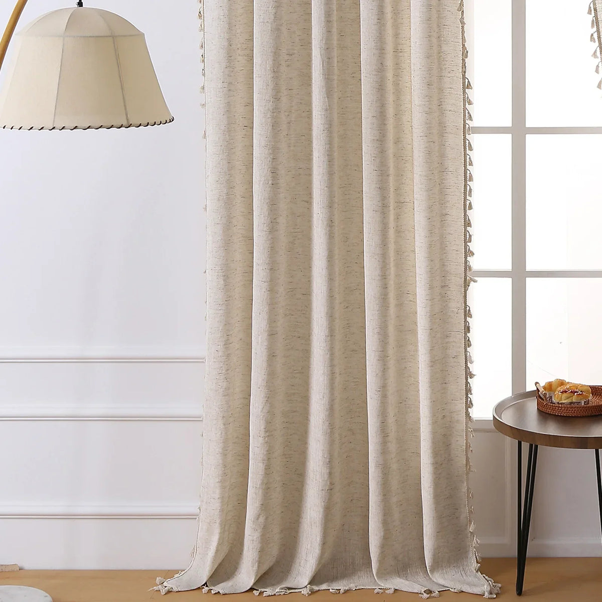 Vintage Farmhouse Bohemian Semi-Sheer Curtain Panel – Linen-Textured with Hollow Crochet & Fringe Tassels | CD1025