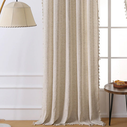 Vintage Farmhouse Bohemian Semi-Sheer Curtain Panel – Linen-Textured with Hollow Crochet & Fringe Tassels | CD1025