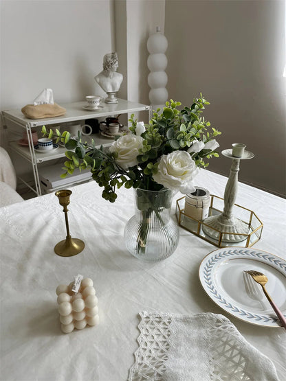 Luxury French Floral Embroidered White Cotton Tablecloth – Handmade Lace Rectangular Cover for Weddings & Dining |