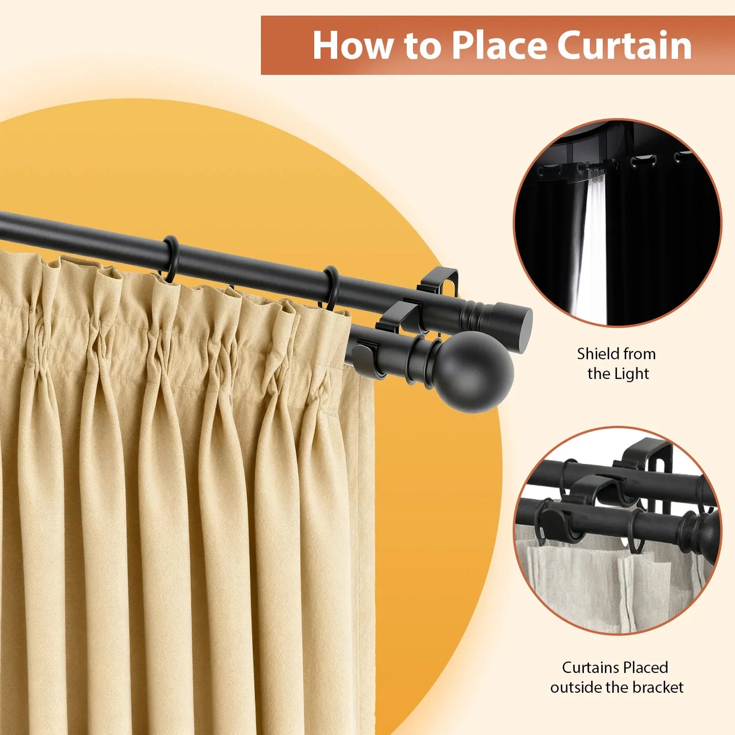 5/8" Black Double Curtain Rod Set – Adjustable Metal Drapery Poles with Brackets for Layered Windows | CH1013