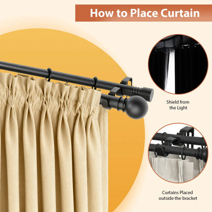 5/8" Black Double Curtain Rod Set – Adjustable Metal Drapery Poles with Brackets for Layered Windows | CH1013