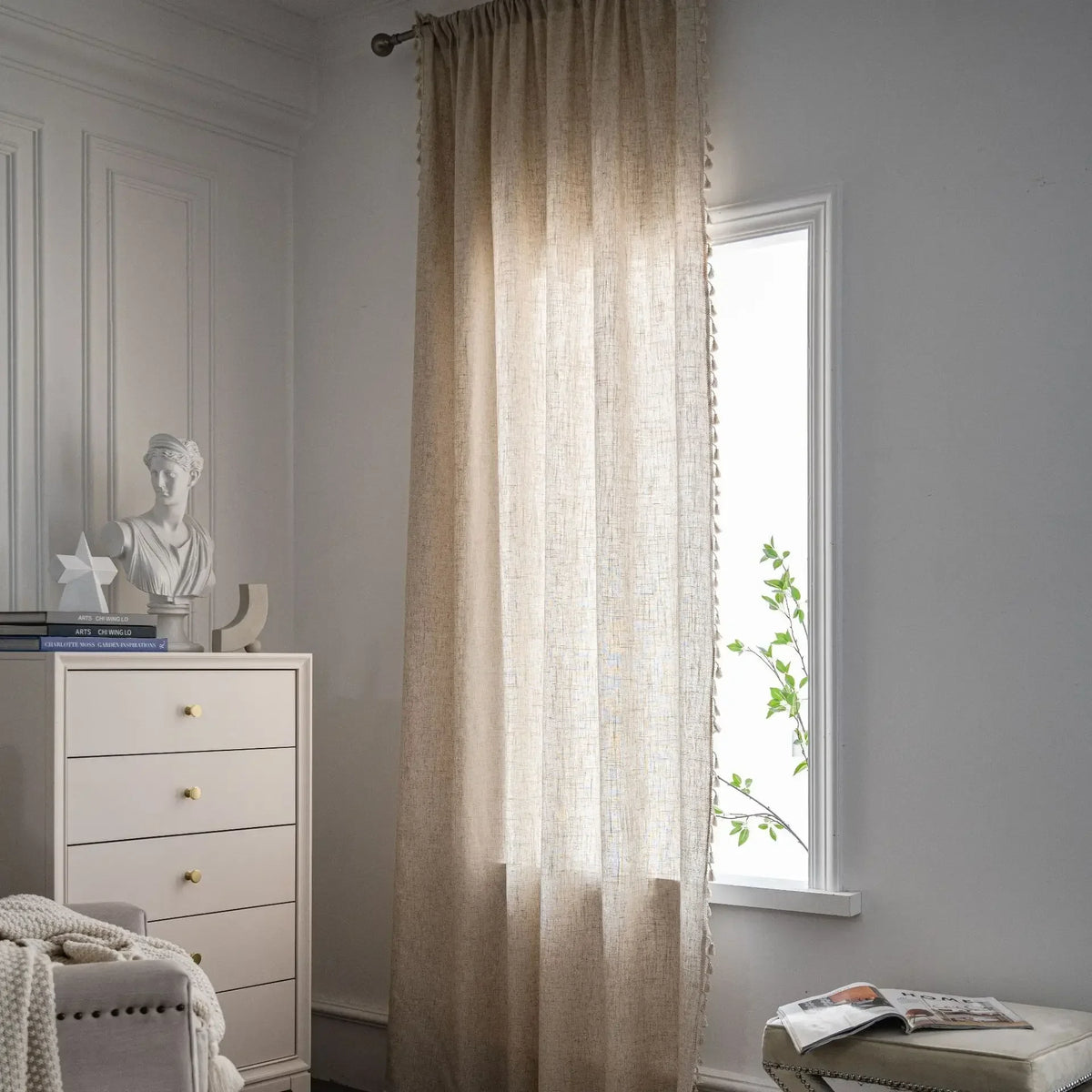 Vintage Farmhouse Bohemian Semi-Sheer Curtain Panel – Linen-Textured with Hollow Crochet & Fringe Tassels | CD1025