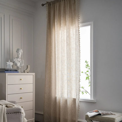 Vintage Farmhouse Bohemian Semi-Sheer Curtain Panel – Linen-Textured with Hollow Crochet & Fringe Tassels | CD1025