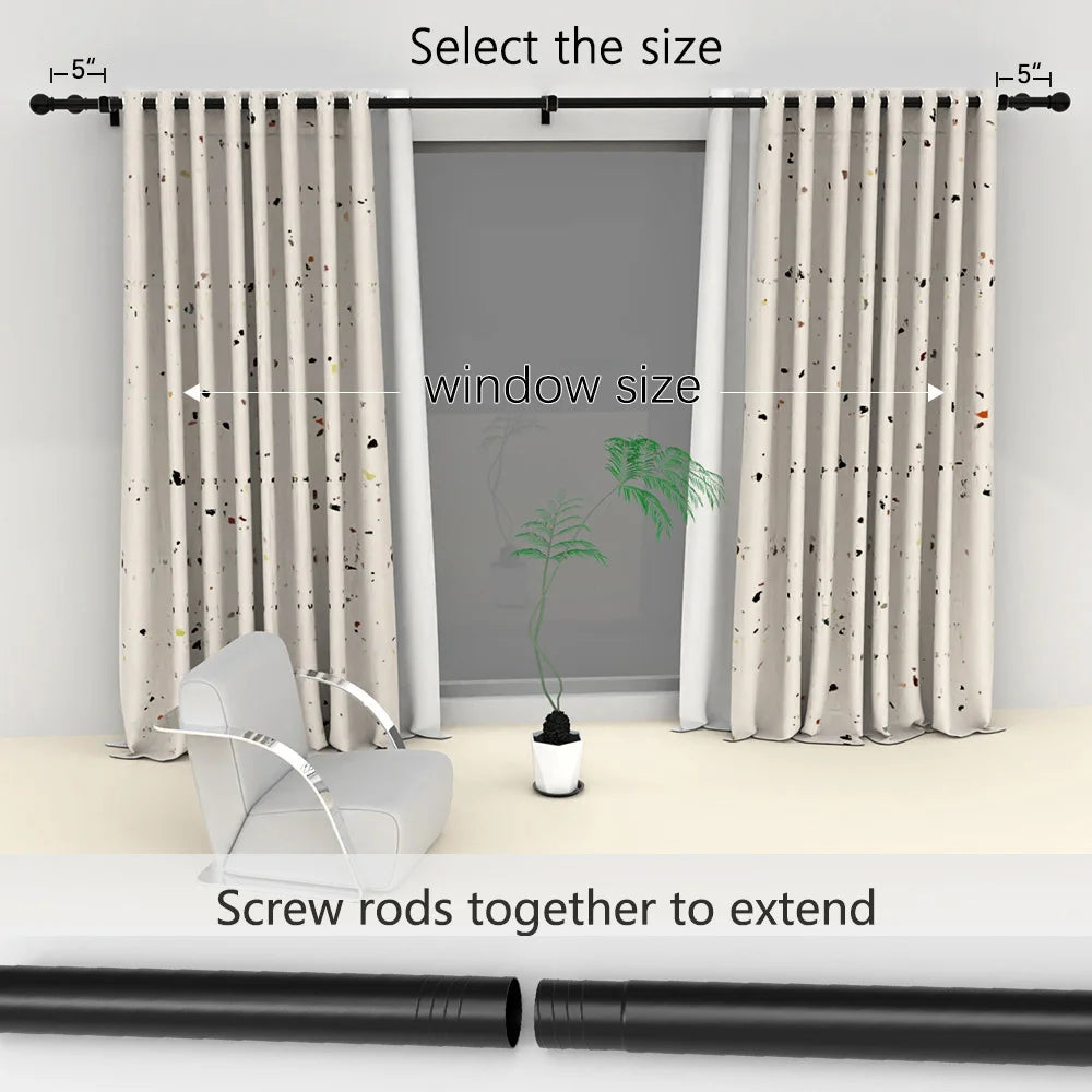 Adjustable Black Double Curtain Rod Set (60"-132") – Heavy Duty Dual Metal Pole | CH1011