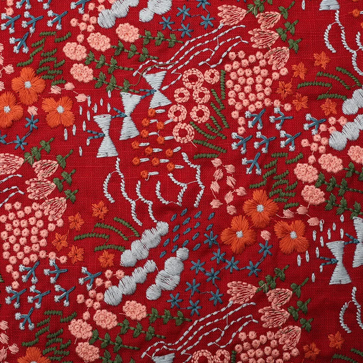 Flower Embroidered Cotton Linen Fabric | Floral Jacquard Dress Fabric | CA1019