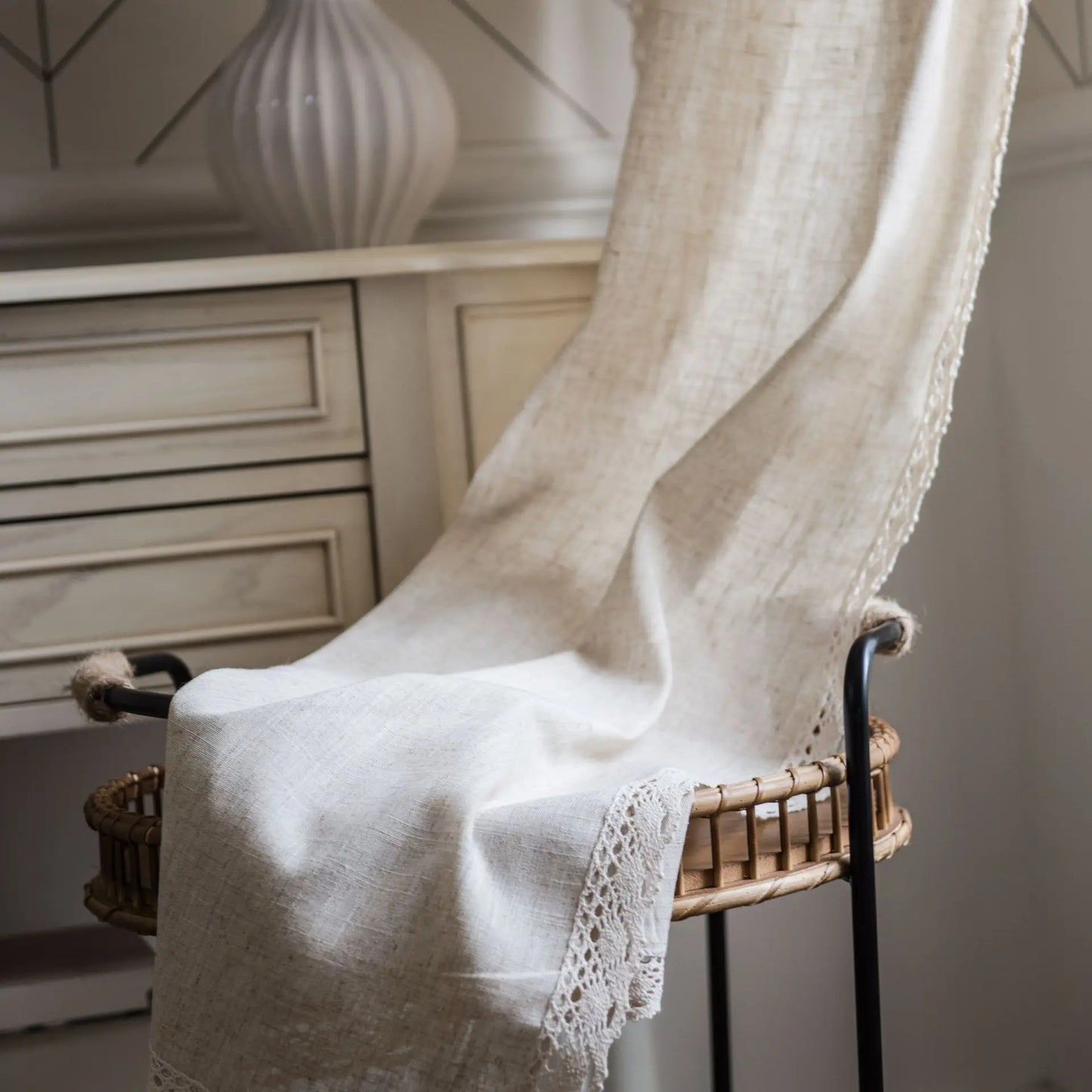Cream Boho Tassel Window Curtain | 1-Panel Linen-Look Hollow Crochet Drape for Modern Farmhouse & Japandi Living Spaces | CD1021