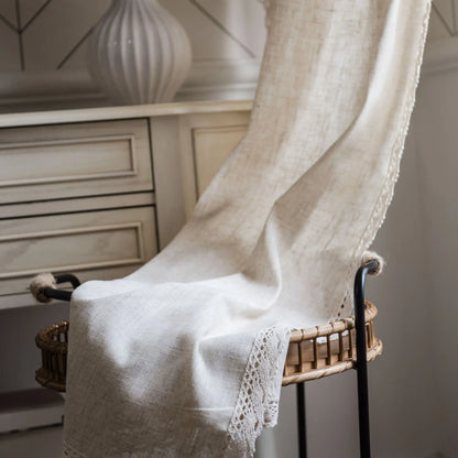 Cream Boho Tassel Window Curtain | 1-Panel Linen-Look Hollow Crochet Drape for Modern Farmhouse & Japandi Living Spaces | CD1021