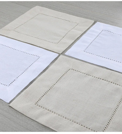 24-Piece Hemstitch Linen Blend Cocktail Napkins | 6x6 Classic White Square Cloths for Weddings, Bar Cart & Minimalist Dining