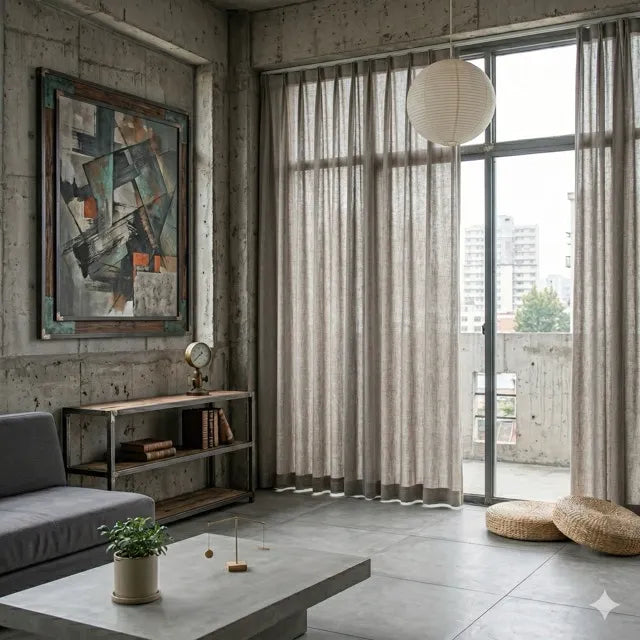 Modern living room with large windows, gray sofa, and decorative items.