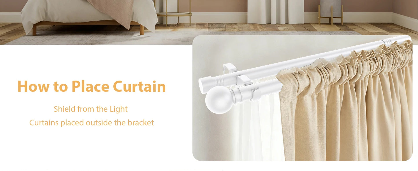 5/8" White Double Curtain Rod Set – Adjustable Metal Drapery Poles with Brackets for Layered Windows | CH1012