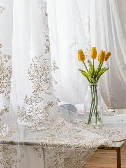 European embroidery white gaEuropean Embroidered Floral Sheer Gauze Curtains – Elegant Court-Style Window Treatment | CD1017uze curtains free perforation elegant court style half blackout sheer curtains for living room