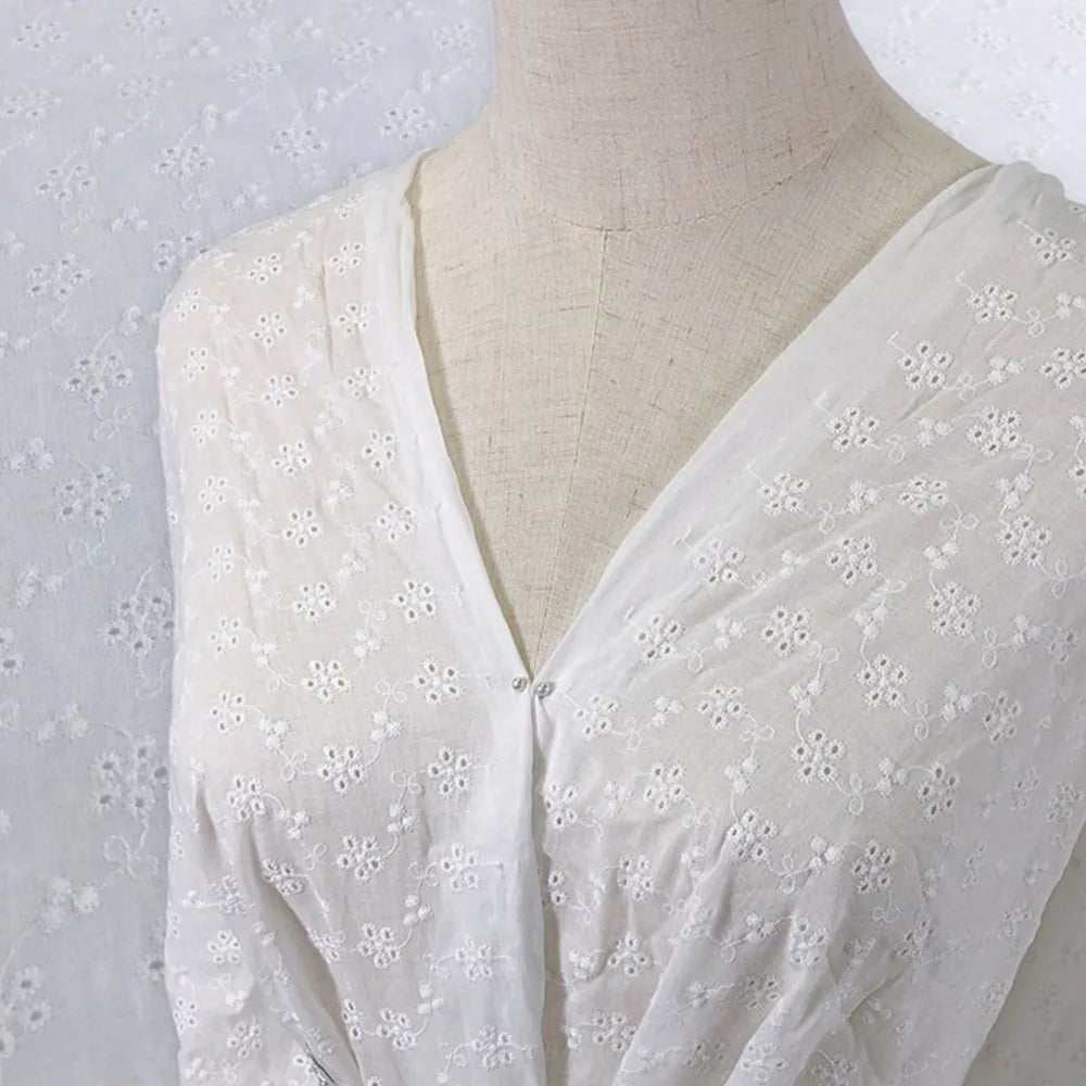 Premium White Floral Embroidery Cotton Fabric, CL1010
