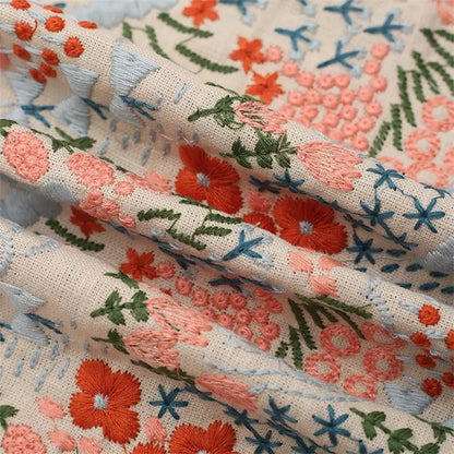 Flower Embroidered Cotton Linen Fabric | Floral Jacquard Dress Fabric | CA1019