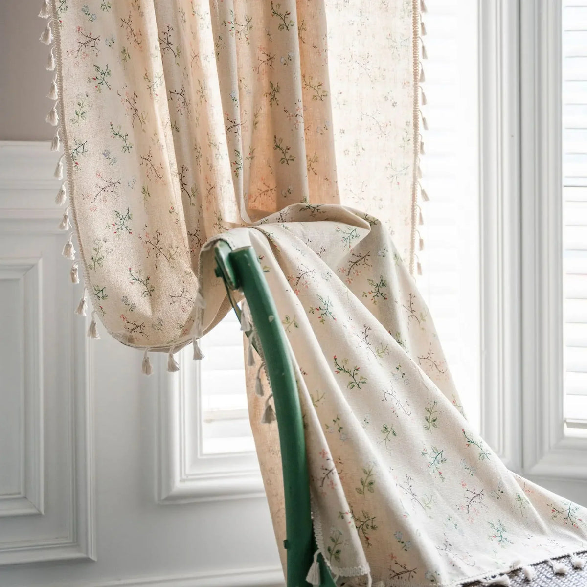 Vintage Farmhouse Bohemian Semi-Sheer Curtain Panel – Linen-Textured with Hollow Crochet & Fringe Tassels | CD1025