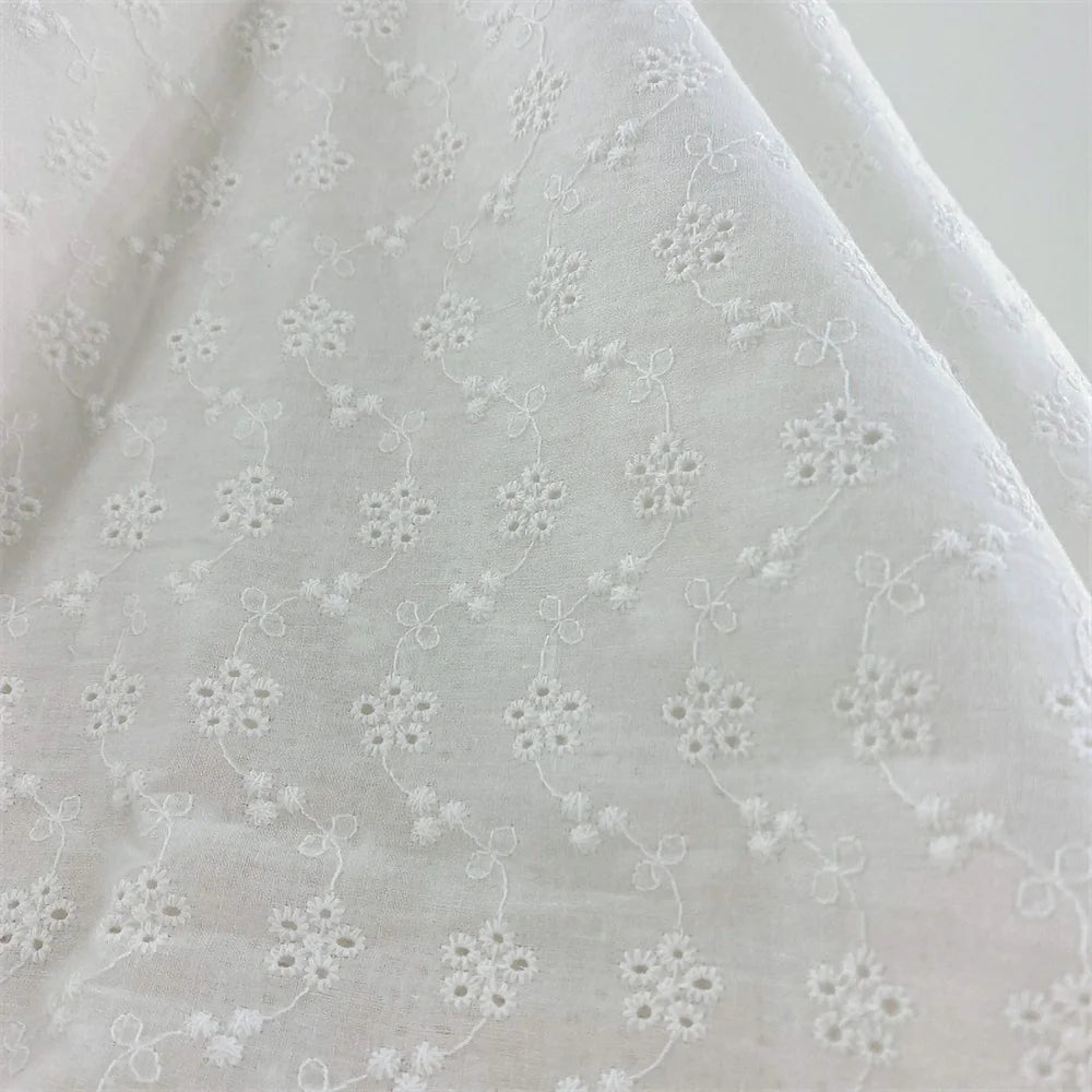 Premium White Floral Embroidery Cotton Fabric, CL1010