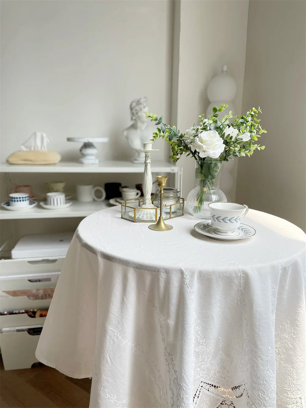 Luxury French Floral Embroidered White Cotton Tablecloth – Handmade Lace Rectangular Cover for Weddings & Dining |