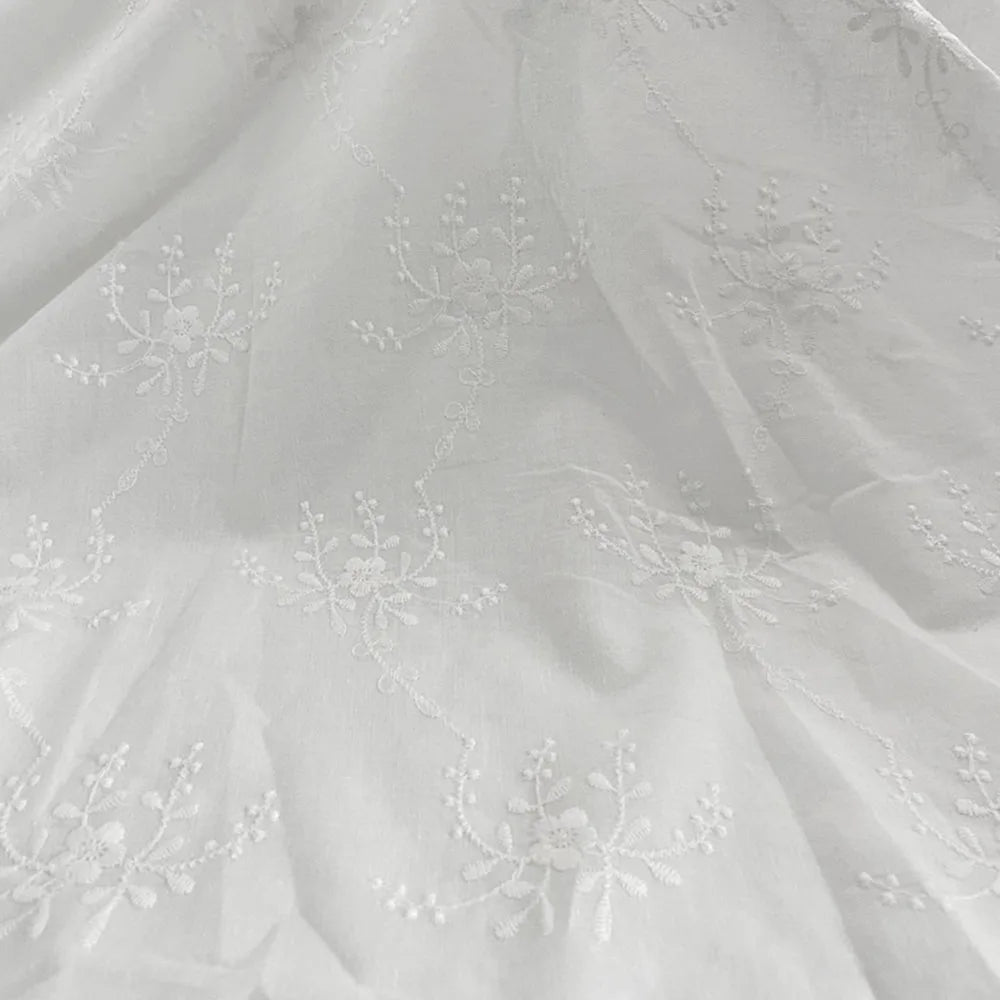 Premium White Floral Embroidery Cotton Fabric, CL1010