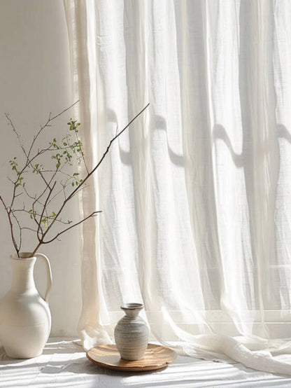 Korean Style Warm White Sheer Linen Curtains | Solid Cotton Blend Drapes for Living Room & Eid Decor | CD1017