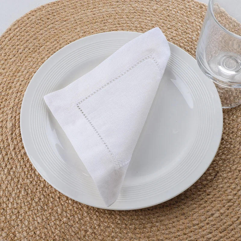 24-Piece Hemstitch Linen Blend Cocktail Napkins | 6x6 Classic White Square Cloths for Weddings, Bar Cart & Minimalist Dining