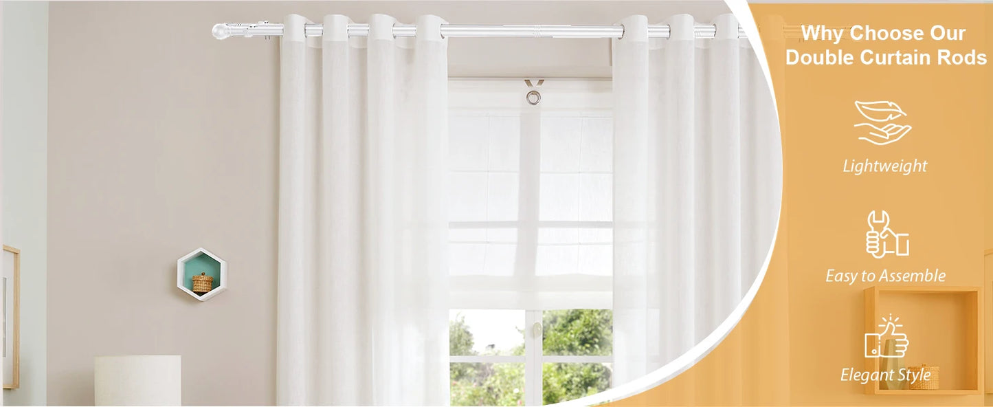 5/8" White Double Curtain Rod Set – Adjustable Metal Drapery Poles with Brackets for Layered Windows | CH1012