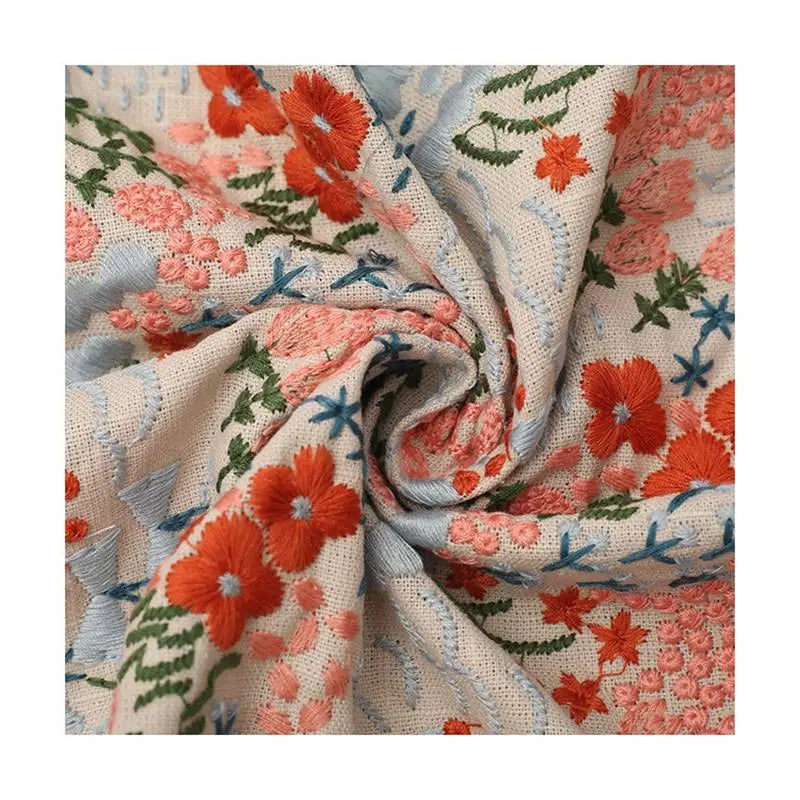 Flower Embroidered Cotton Linen Fabric | Floral Jacquard Dress Fabric | CA1019