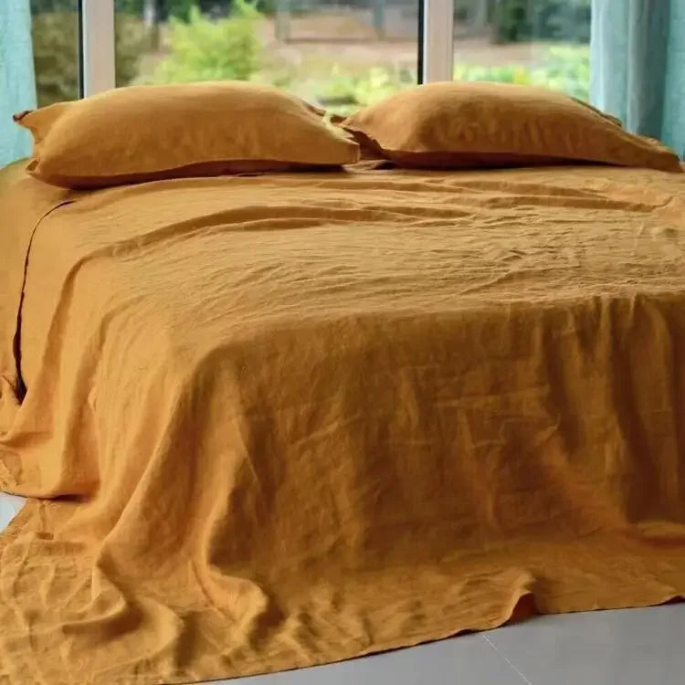 3-Piece 100% Washed Linen Sheet Set | Stone-Washed Pure Flax Flat Sheet & Pillowcases for Modern Farmhouse Bedding
