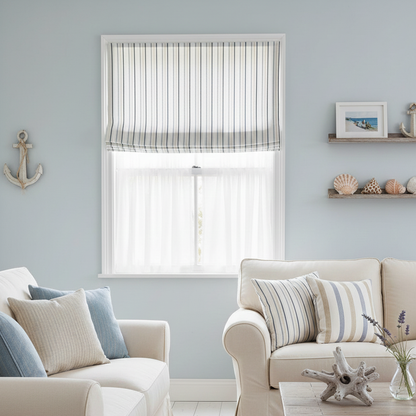 Living room with striped roman blinds, neutral decor, and coastal elements.