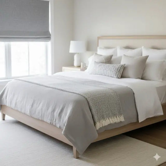 Neatly made bed with white bedding and a gray throw blanket in a bright bedroom.