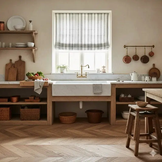 Nest kitchen with a textured striped sheer linen roman shade, wooden shelves, a window, and various kitchen items.